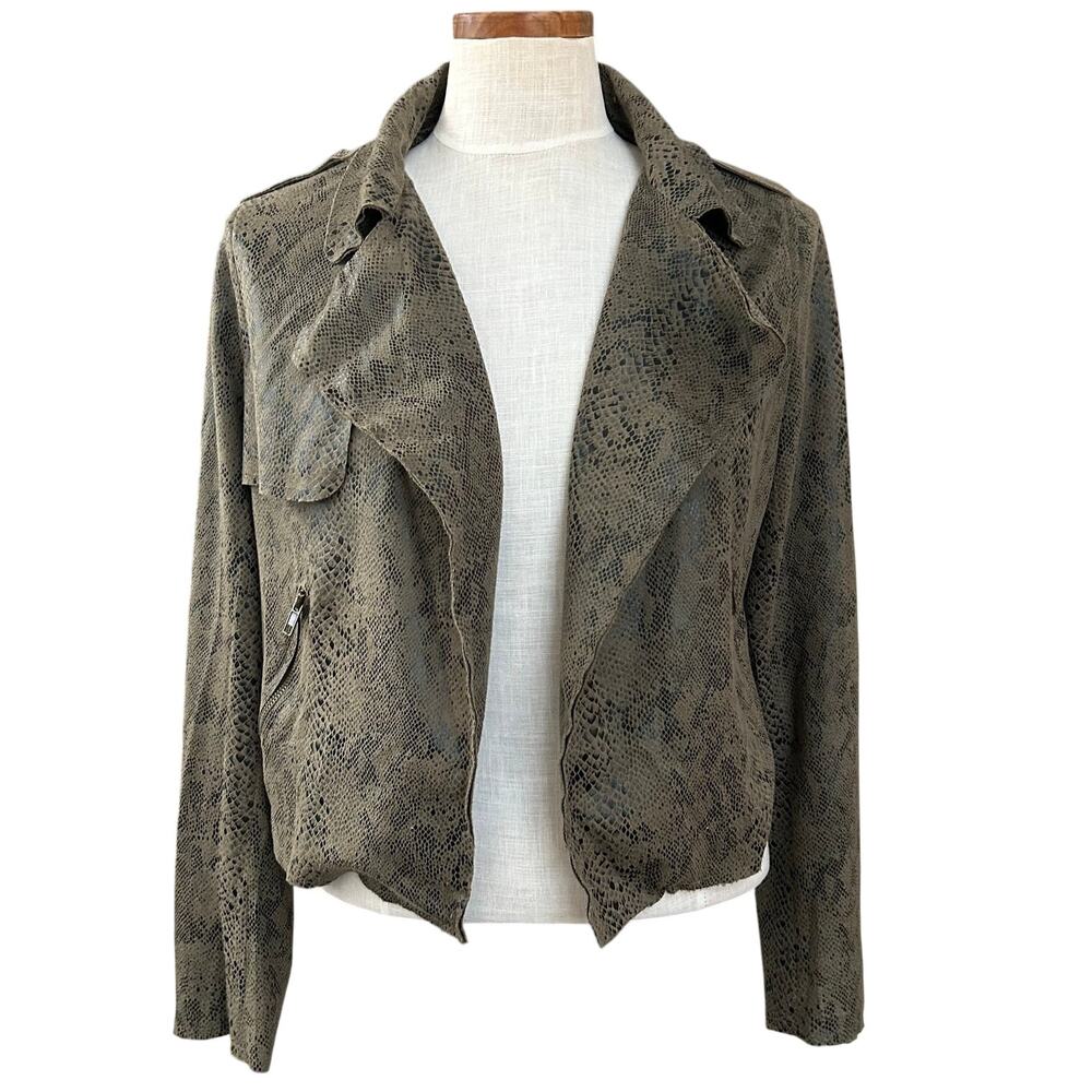 Skies Are Blue Olive Snake Print Faux Suede Moto Jacket Cropped Open Front M